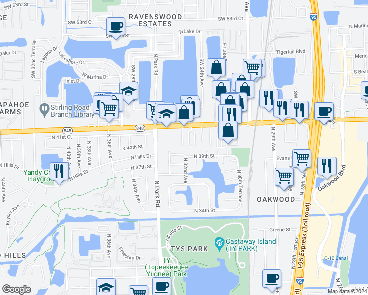 map of restaurants, bars, coffee shops, grocery stores, and more near 4101 North 32nd Court in Hollywood