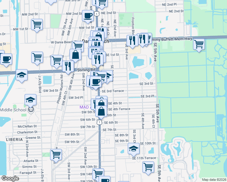 map of restaurants, bars, coffee shops, grocery stores, and more near 34 Southeast 3rd Terrace in Dania Beach