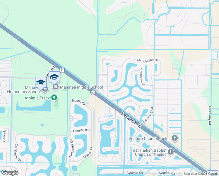 map of restaurants, bars, coffee shops, grocery stores, and more near 14222 Manchester Drive in Naples