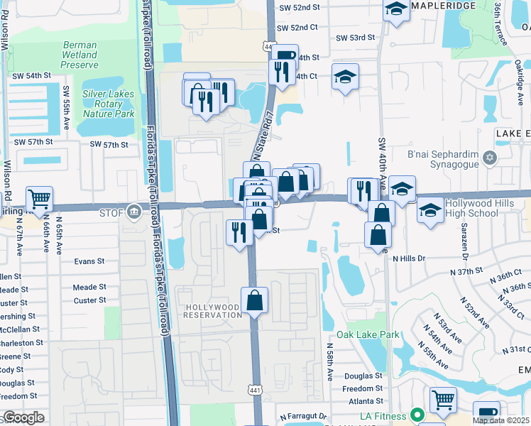 map of restaurants, bars, coffee shops, grocery stores, and more near 5900 Stirling Road in Hollywood