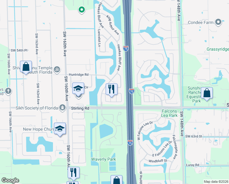 map of restaurants, bars, coffee shops, grocery stores, and more near 15521 Dover Court in Davie
