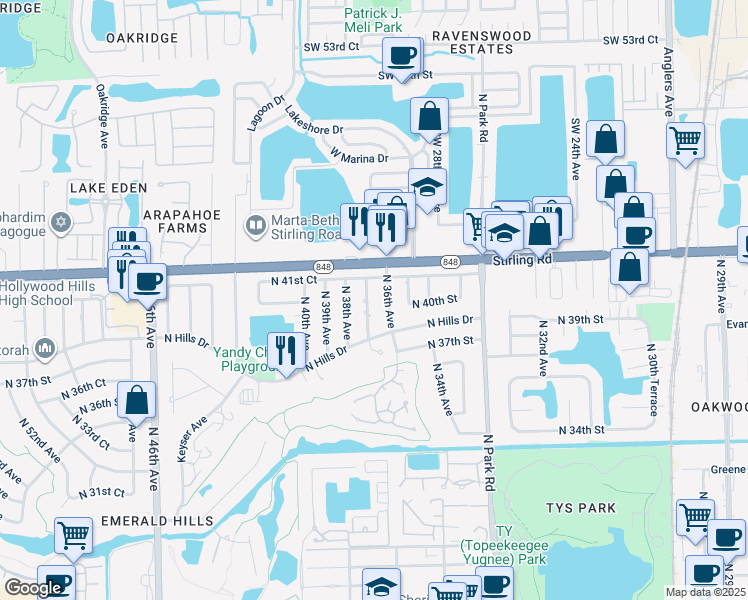 map of restaurants, bars, coffee shops, grocery stores, and more near 4041 North 37th Avenue in Hollywood