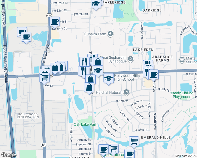 map of restaurants, bars, coffee shops, grocery stores, and more near 5500 Stirling Road in Hollywood