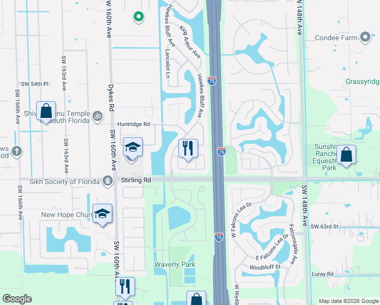 map of restaurants, bars, coffee shops, grocery stores, and more near 15521 Dover Court in Davie