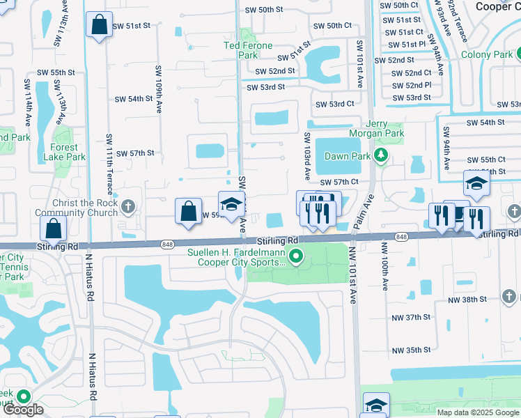 map of restaurants, bars, coffee shops, grocery stores, and more near 5960 Southwest 106th Avenue in Davie