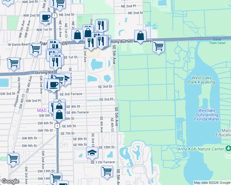 map of restaurants, bars, coffee shops, grocery stores, and more near 327 Southeast 5th Avenue in Dania Beach