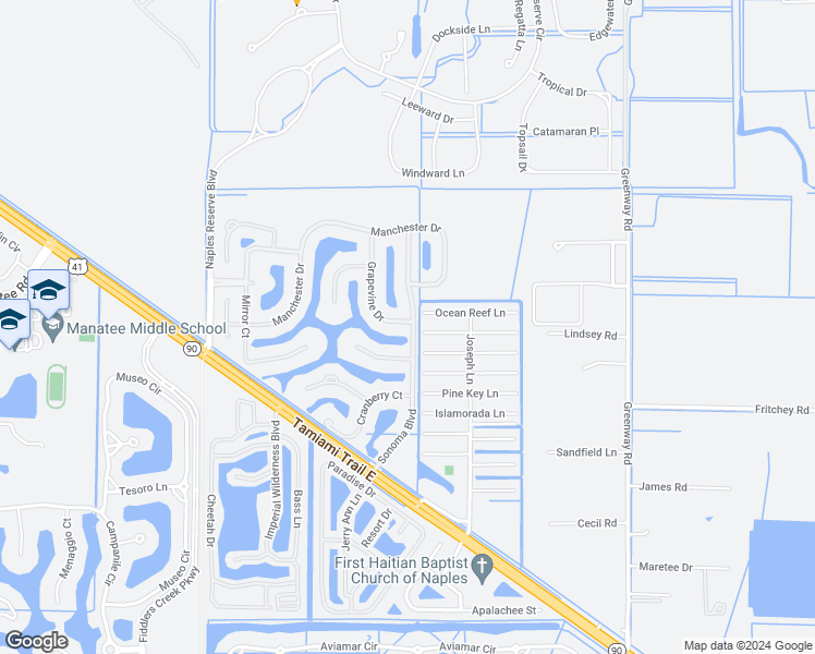 map of restaurants, bars, coffee shops, grocery stores, and more near 14601 Grapevine Drive in Naples