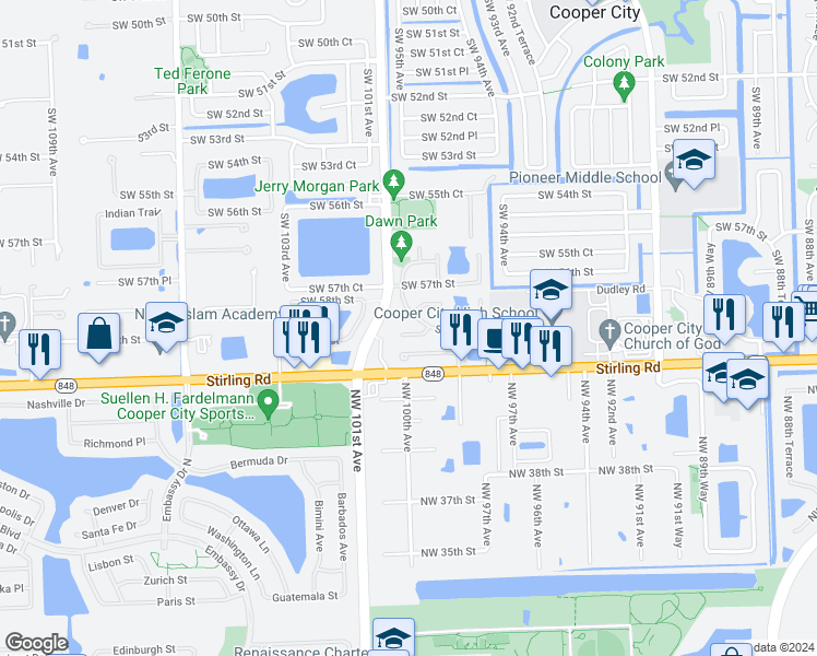 map of restaurants, bars, coffee shops, grocery stores, and more near 9947 Southwest 59th Court in Cooper City