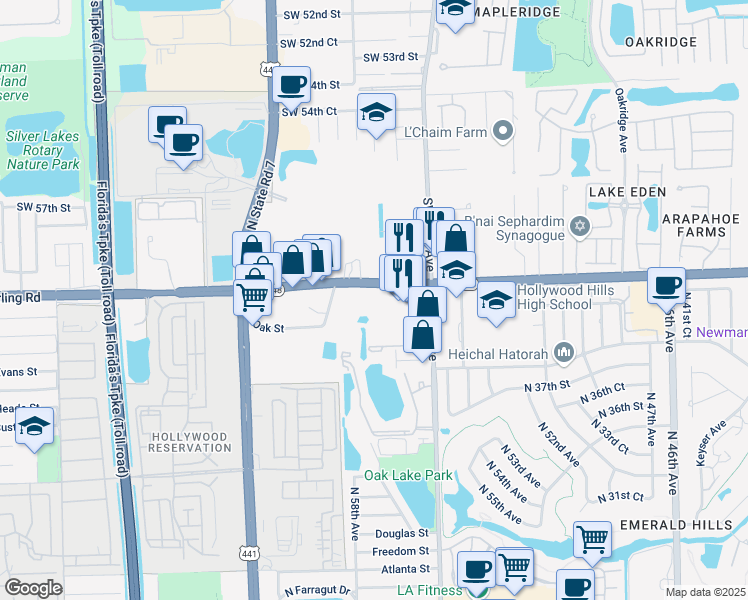 map of restaurants, bars, coffee shops, grocery stores, and more near 5770 Stirling Road in Hollywood