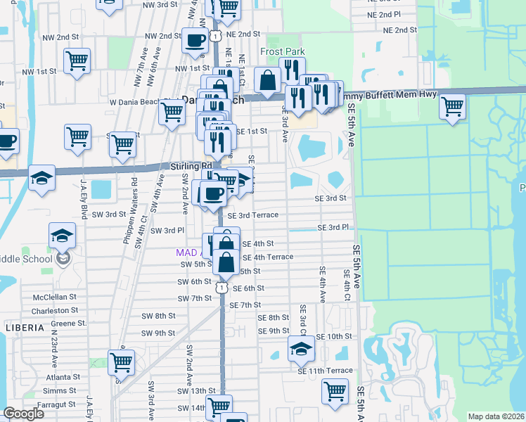 map of restaurants, bars, coffee shops, grocery stores, and more near 216 Southeast 3rd Terrace in Dania Beach