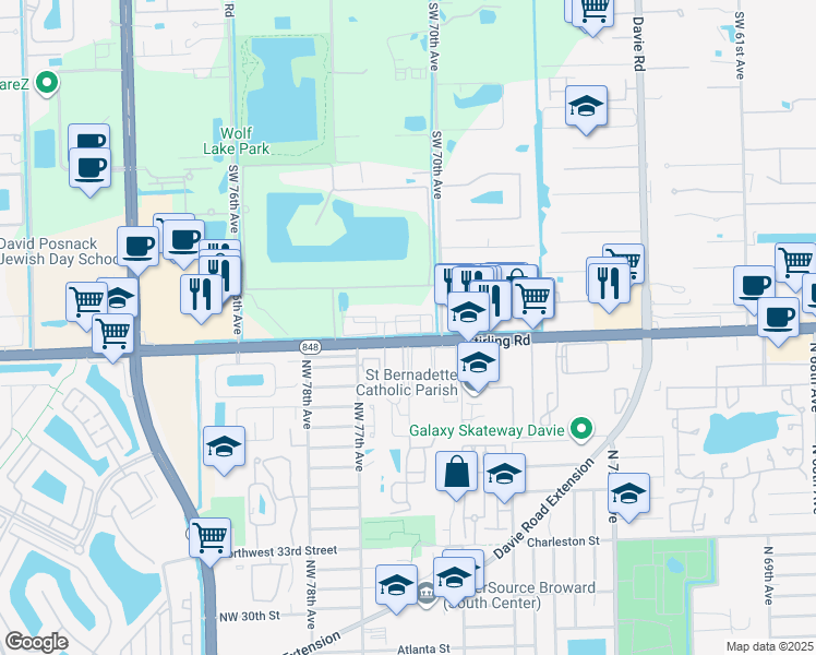 map of restaurants, bars, coffee shops, grocery stores, and more near 7015 Stirling Road in Hollywood