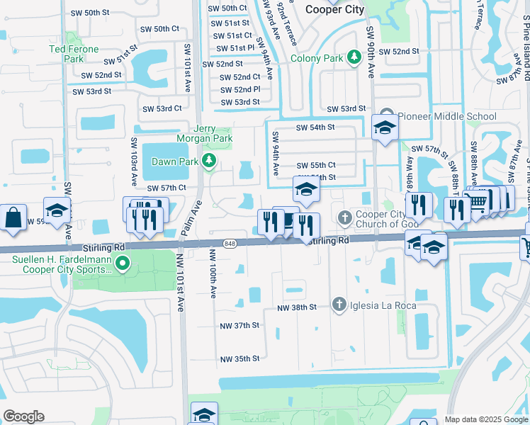 map of restaurants, bars, coffee shops, grocery stores, and more near 5890 Southwest 97th Terrace in Cooper City