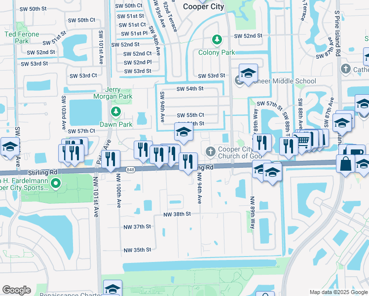 map of restaurants, bars, coffee shops, grocery stores, and more near 9401 Stirling Road in Cooper City