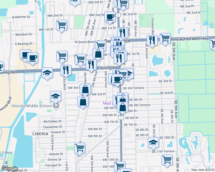 map of restaurants, bars, coffee shops, grocery stores, and more near 326 Southwest 1st Avenue in Dania Beach
