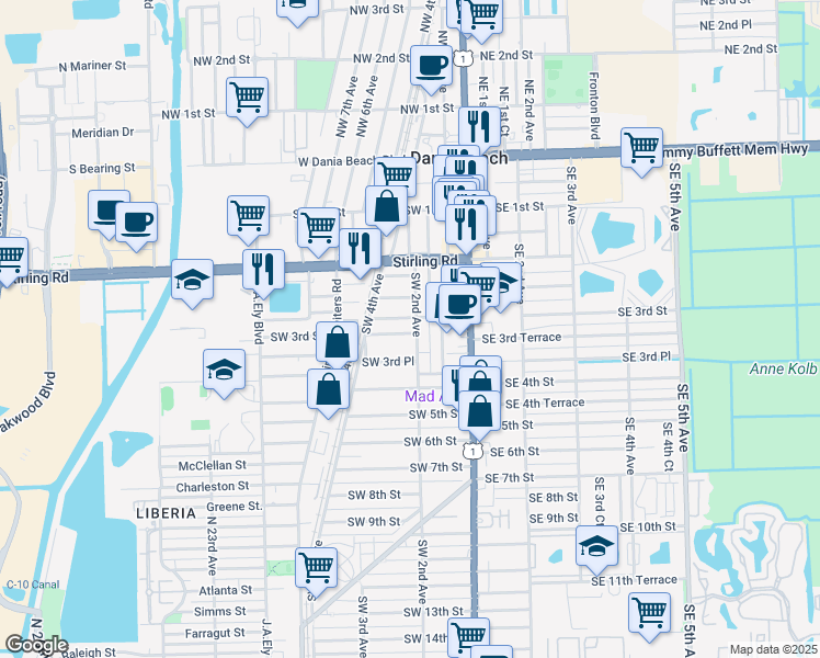 map of restaurants, bars, coffee shops, grocery stores, and more near 217 Southwest 3rd Terrace in Dania Beach
