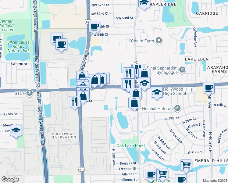 map of restaurants, bars, coffee shops, grocery stores, and more near 5770 Stirling Road in Hollywood