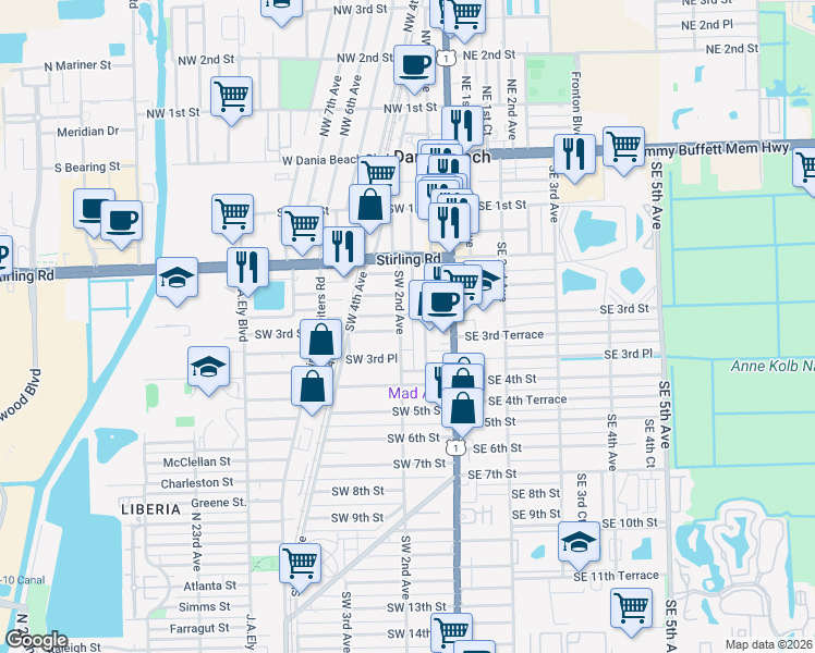 map of restaurants, bars, coffee shops, grocery stores, and more near 326 Southwest 1st Avenue in Dania Beach