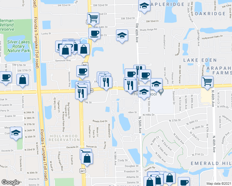 map of restaurants, bars, coffee shops, grocery stores, and more near 5770 Stirling Road in Hollywood