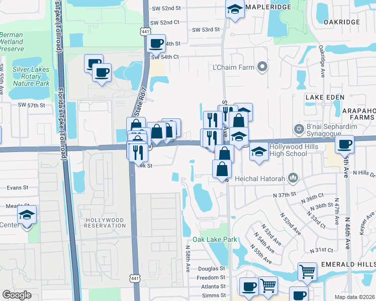 map of restaurants, bars, coffee shops, grocery stores, and more near 5770 Stirling Road in Hollywood