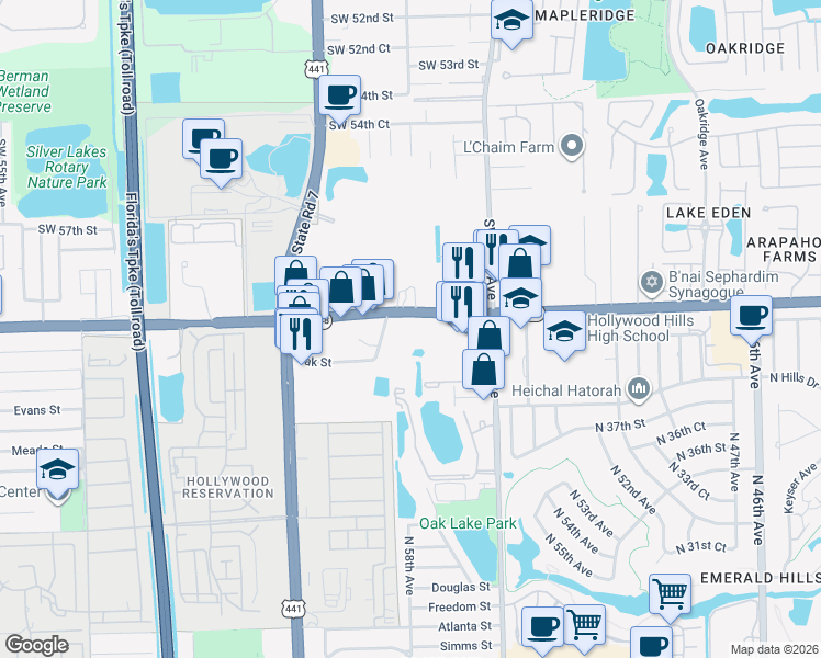 map of restaurants, bars, coffee shops, grocery stores, and more near 5770 Stirling Road in Hollywood
