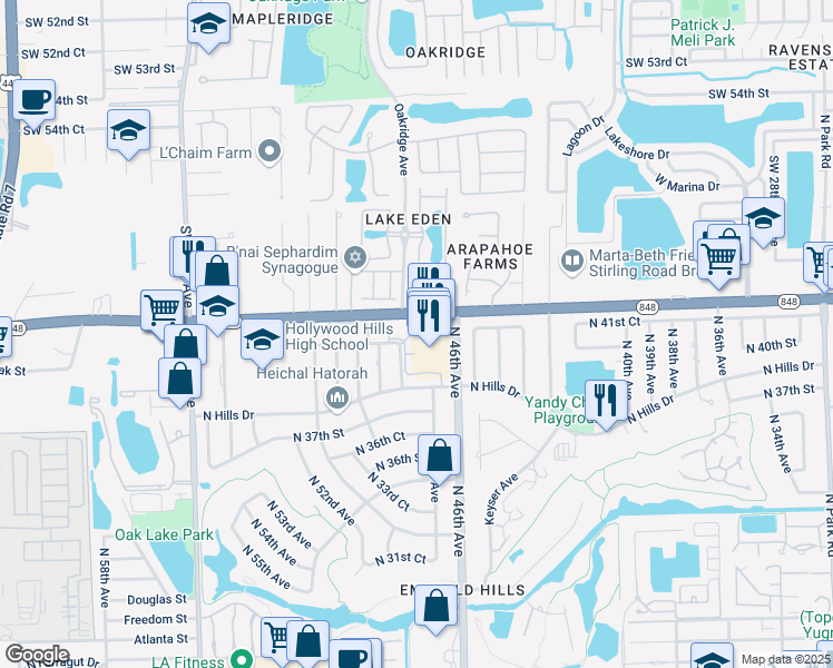 map of restaurants, bars, coffee shops, grocery stores, and more near 3942 North 46th Avenue in Hollywood