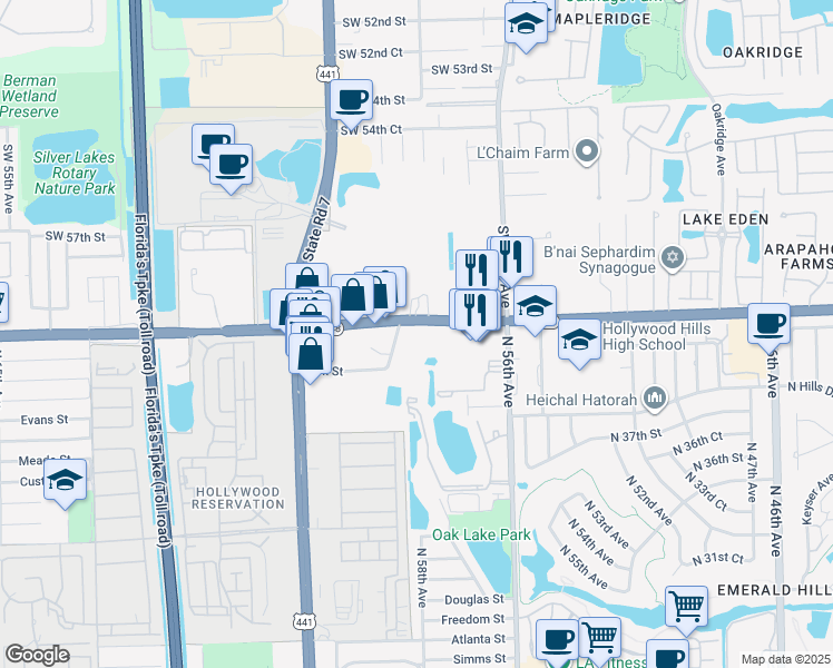map of restaurants, bars, coffee shops, grocery stores, and more near 4231 North 58th Avenue in Hollywood