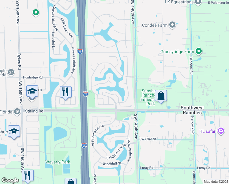map of restaurants, bars, coffee shops, grocery stores, and more near 15061 South Waterford Drive in Davie