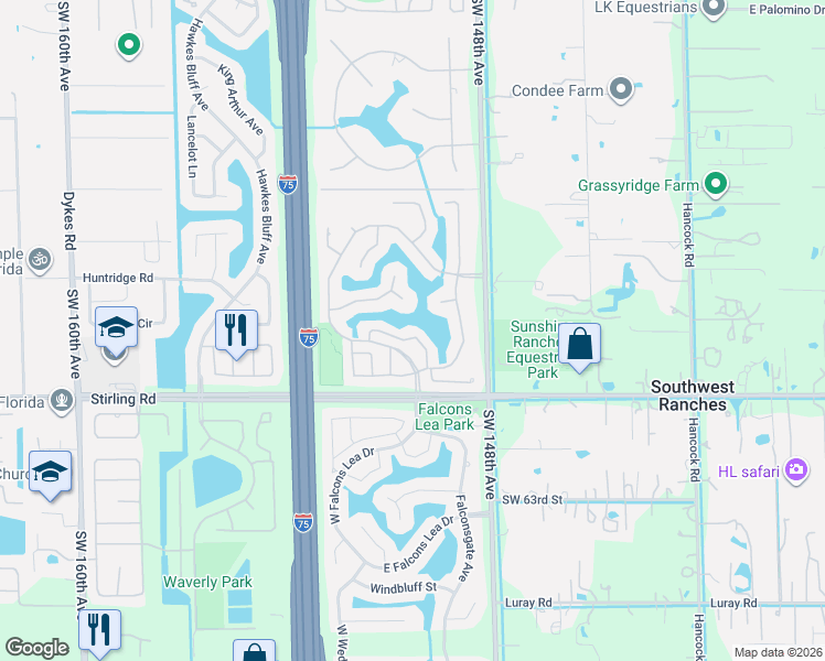 map of restaurants, bars, coffee shops, grocery stores, and more near 15061 South Waterford Drive in Davie