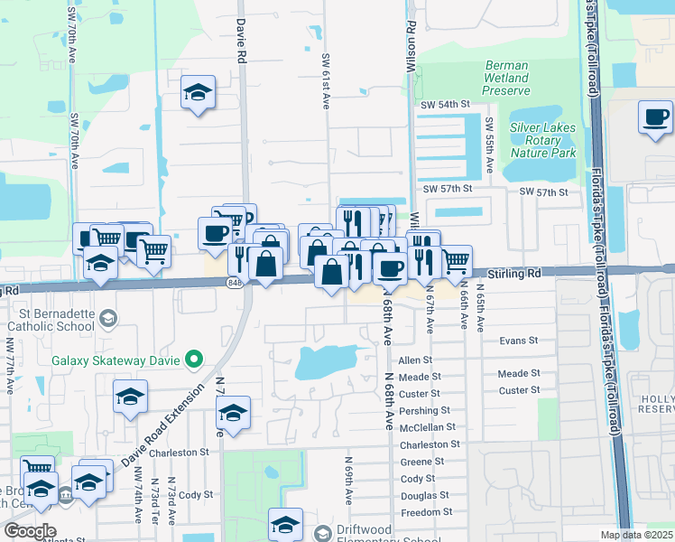 map of restaurants, bars, coffee shops, grocery stores, and more near 6910 Stirling Road in Hollywood