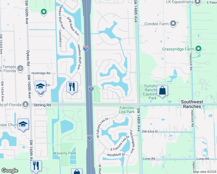 map of restaurants, bars, coffee shops, grocery stores, and more near 15151 Leeds Lane in Davie