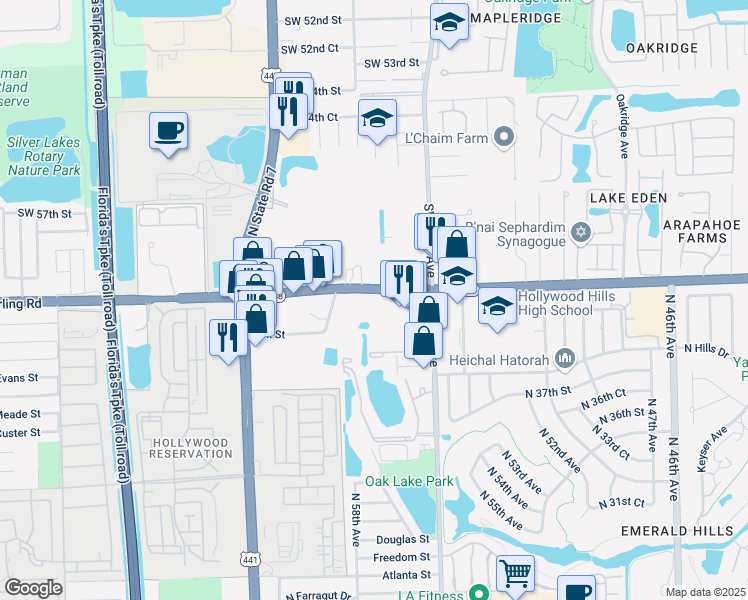 map of restaurants, bars, coffee shops, grocery stores, and more near 5770 Stirling Road in Hollywood