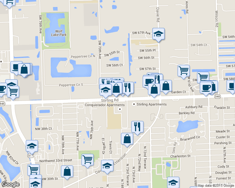 map of restaurants, bars, coffee shops, grocery stores, and more near 6847 Stirling Road in Davie