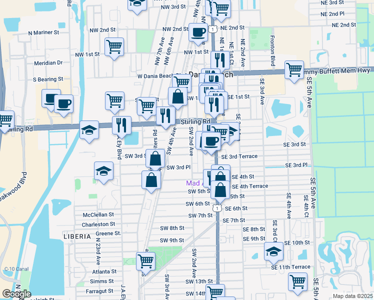 map of restaurants, bars, coffee shops, grocery stores, and more near 217 Southwest 3rd Terrace in Dania Beach