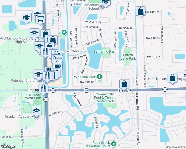 map of restaurants, bars, coffee shops, grocery stores, and more near 5817 Southwest 117th Avenue in Cooper City