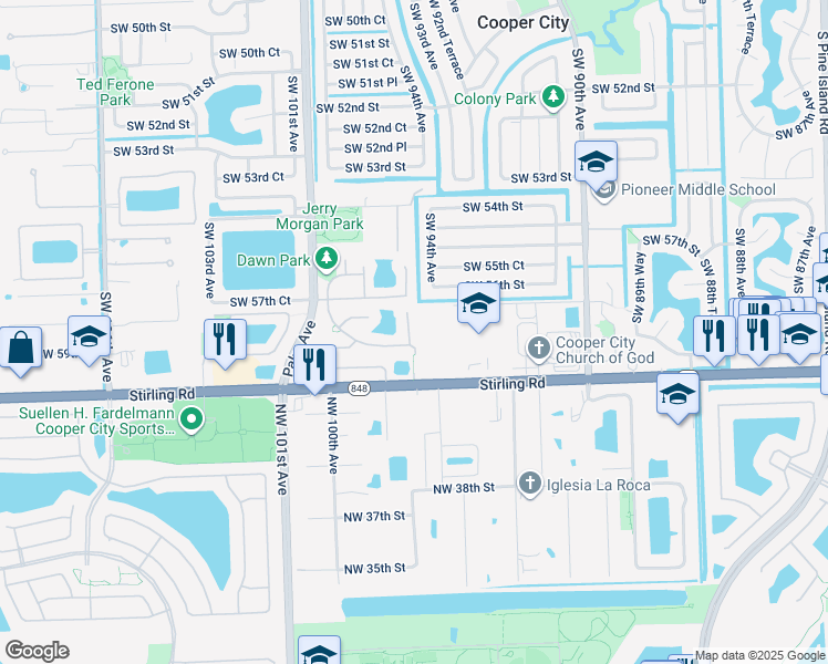 map of restaurants, bars, coffee shops, grocery stores, and more near 5890 Southwest 97th Terrace in Cooper City