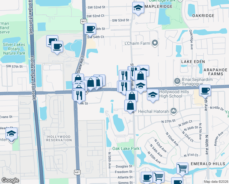 map of restaurants, bars, coffee shops, grocery stores, and more near 5770 Stirling Road in Hollywood