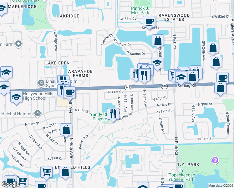 map of restaurants, bars, coffee shops, grocery stores, and more near 4000 North 41st Court in Hollywood