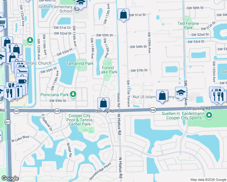 map of restaurants, bars, coffee shops, grocery stores, and more near 11218 Southwest 58th Circle in Cooper City