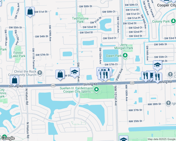 map of restaurants, bars, coffee shops, grocery stores, and more near 5960 SW 106th Ave in Davie