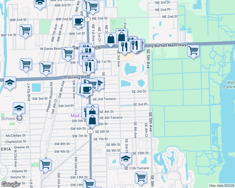 map of restaurants, bars, coffee shops, grocery stores, and more near 238 Southeast 3rd Terrace in Dania Beach