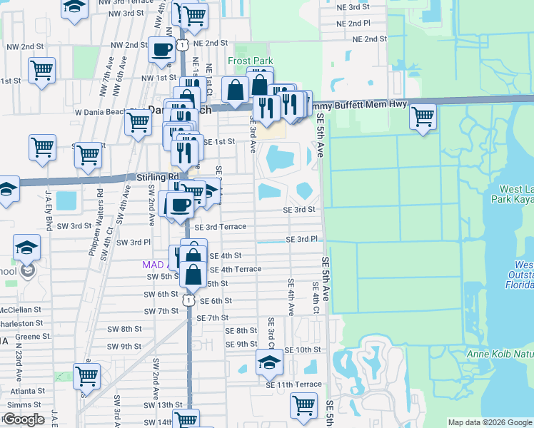 map of restaurants, bars, coffee shops, grocery stores, and more near 238 Southeast 3rd Terrace in Dania Beach