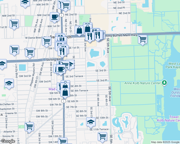 map of restaurants, bars, coffee shops, grocery stores, and more near 238 Southeast 3rd Terrace in Dania Beach