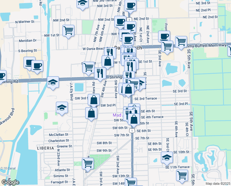 map of restaurants, bars, coffee shops, grocery stores, and more near 326 Southwest 1st Avenue in Dania Beach