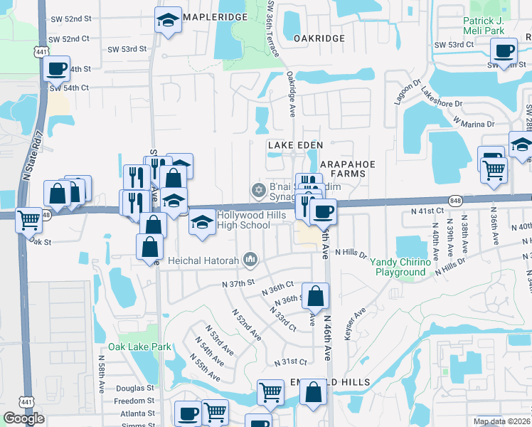 map of restaurants, bars, coffee shops, grocery stores, and more near 4050 North 50th Avenue in Hollywood
