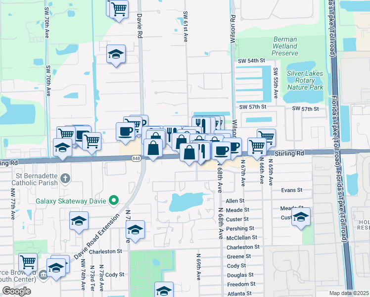 map of restaurants, bars, coffee shops, grocery stores, and more near 6910 Stirling Road in Hollywood