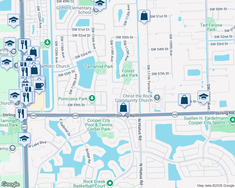 map of restaurants, bars, coffee shops, grocery stores, and more near 5917 Southwest 114th Avenue in Cooper City