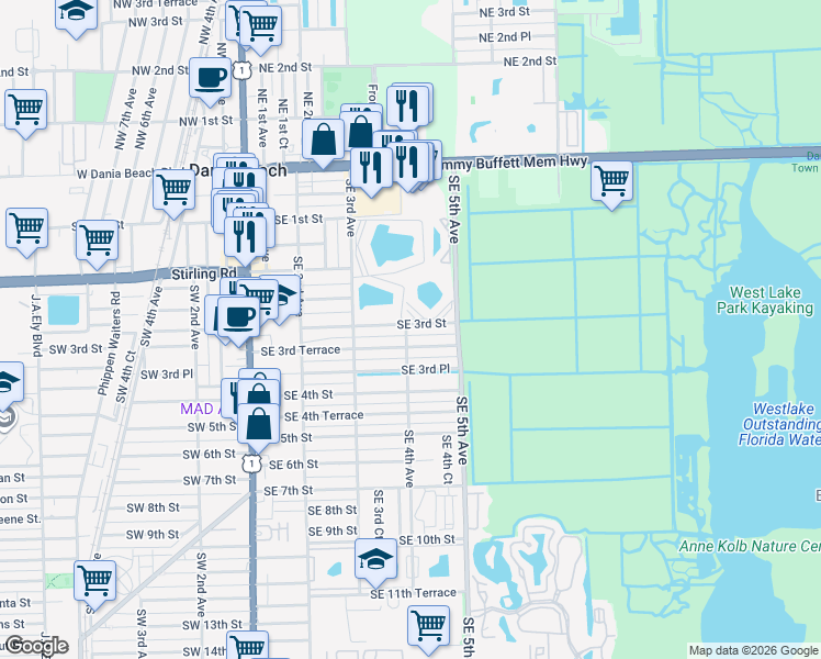 map of restaurants, bars, coffee shops, grocery stores, and more near 338 Southeast 3rd Terrace in Dania Beach