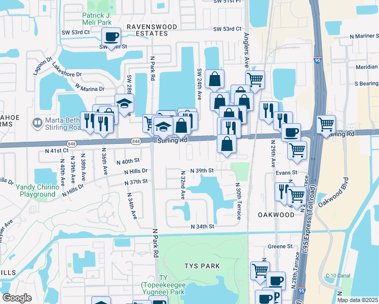 map of restaurants, bars, coffee shops, grocery stores, and more near 3200 Stirling Road in Hollywood