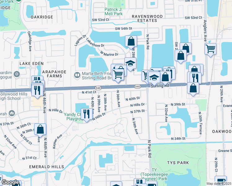 map of restaurants, bars, coffee shops, grocery stores, and more near 4041 North 37th Avenue in Hollywood
