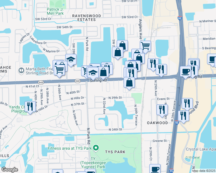 map of restaurants, bars, coffee shops, grocery stores, and more near 3210 Stirling Road in Hollywood